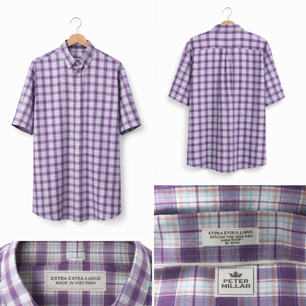 Peter Millar Men Plaid Button Down Shirt Purple Size XXL
